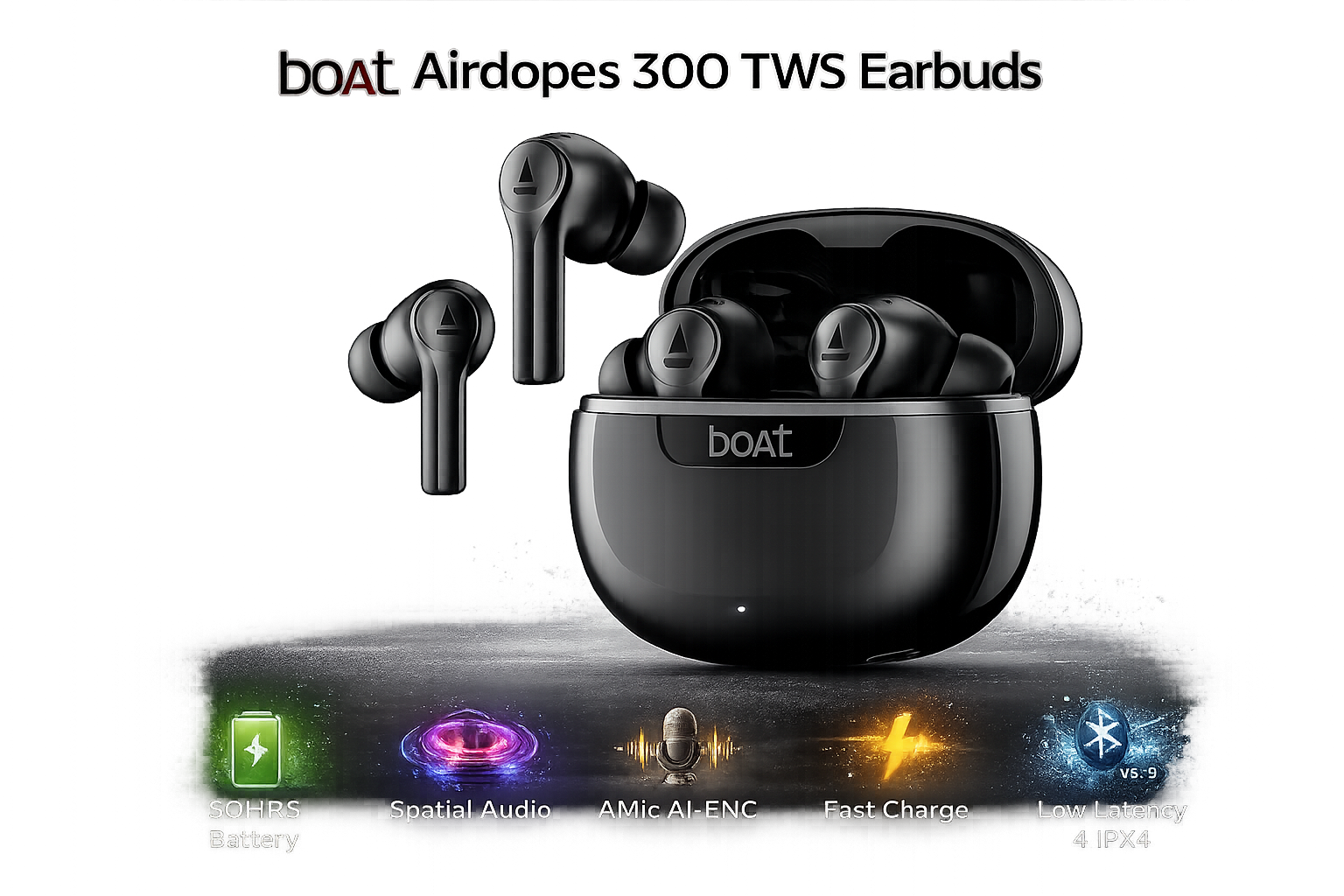 boAt Airdopes 300 TWS Earbuds – 50H Battery, Spatial Audio, ENC Mic (Black)