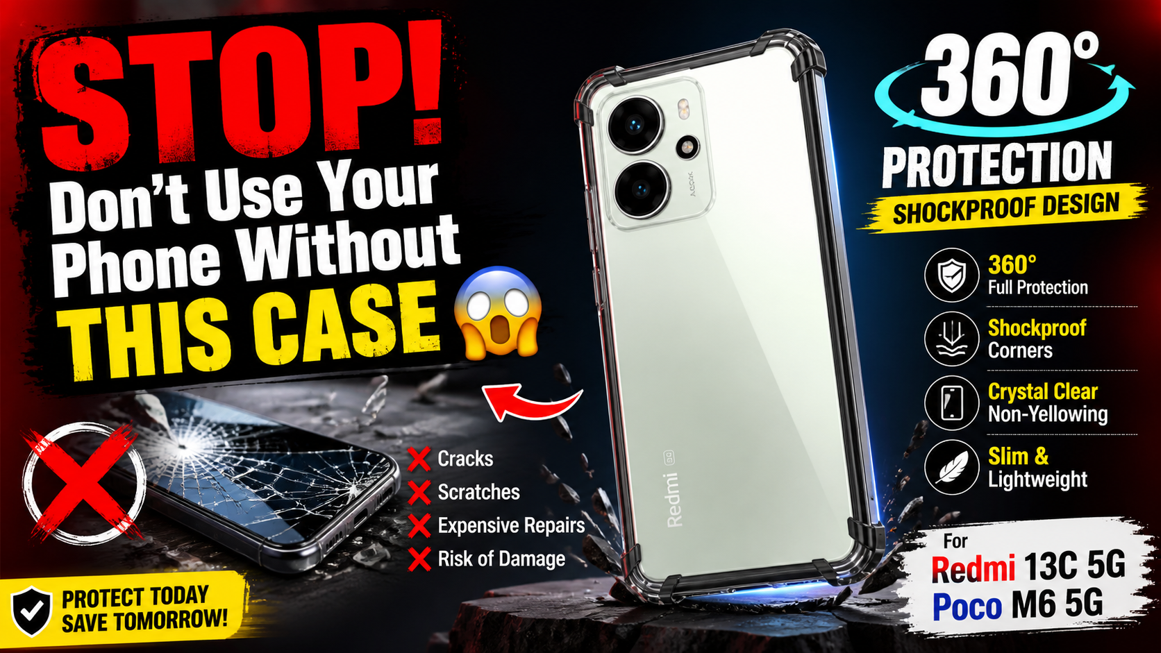 Stop Risking Your Phone! Get TheGiftKart Crystal Clear Case for Redmi 13C 5G / Poco M6 5G – 360° Shockproof Protection You Can Trust