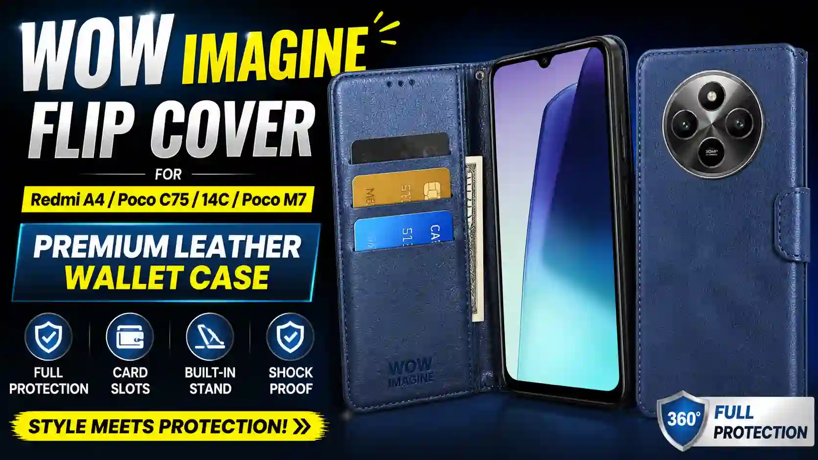 WOW IMAGINE Flip Cover for Redmi A4 / Poco C75 / 14C / Poco M7 – Premium Leather Wallet Case with Card Slots & Full Protection