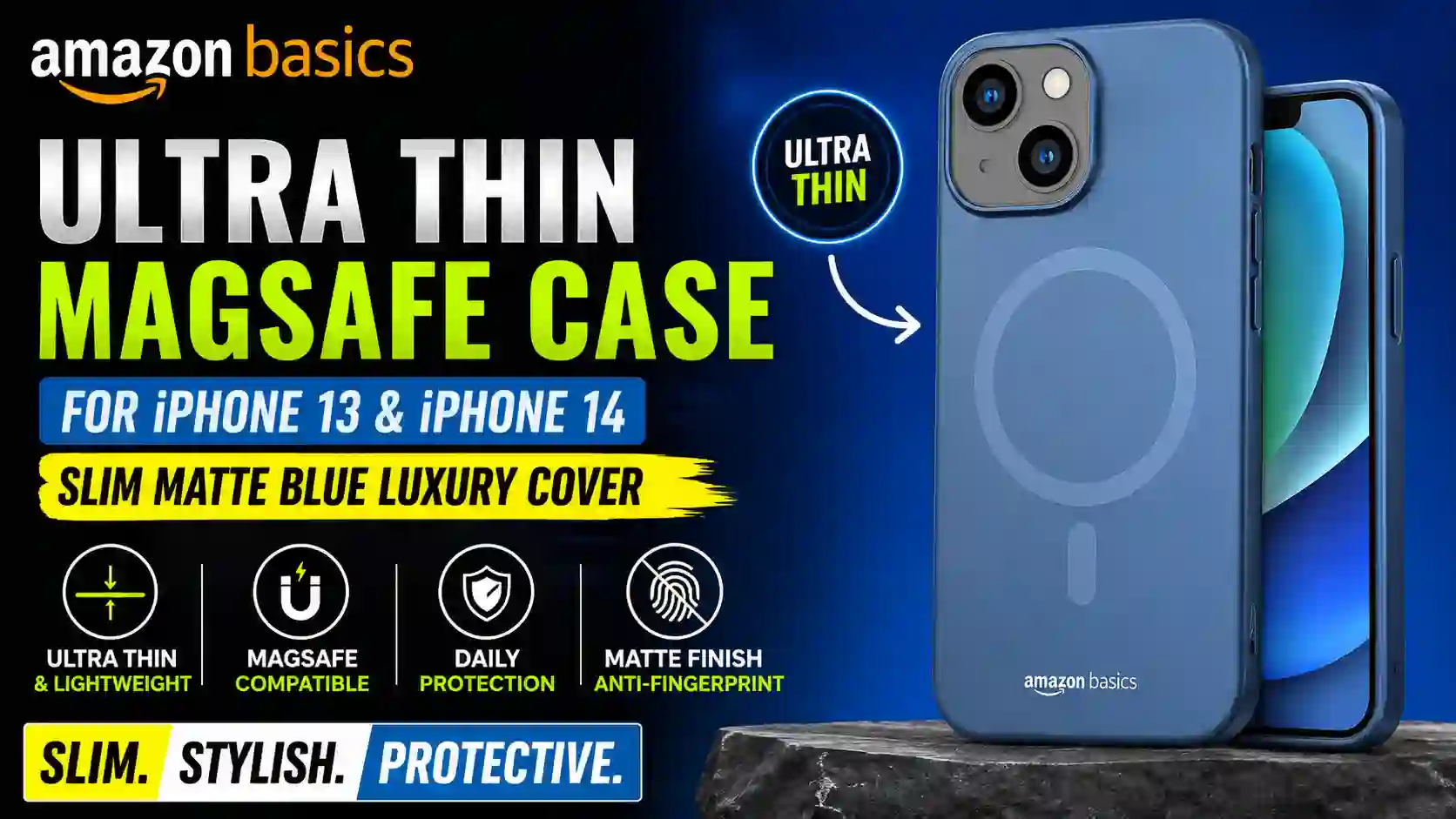 Amazon Basics Ultra Thin MagSafe Case for iPhone 13 & iPhone 14 – Slim Matte Blue Luxury Cover