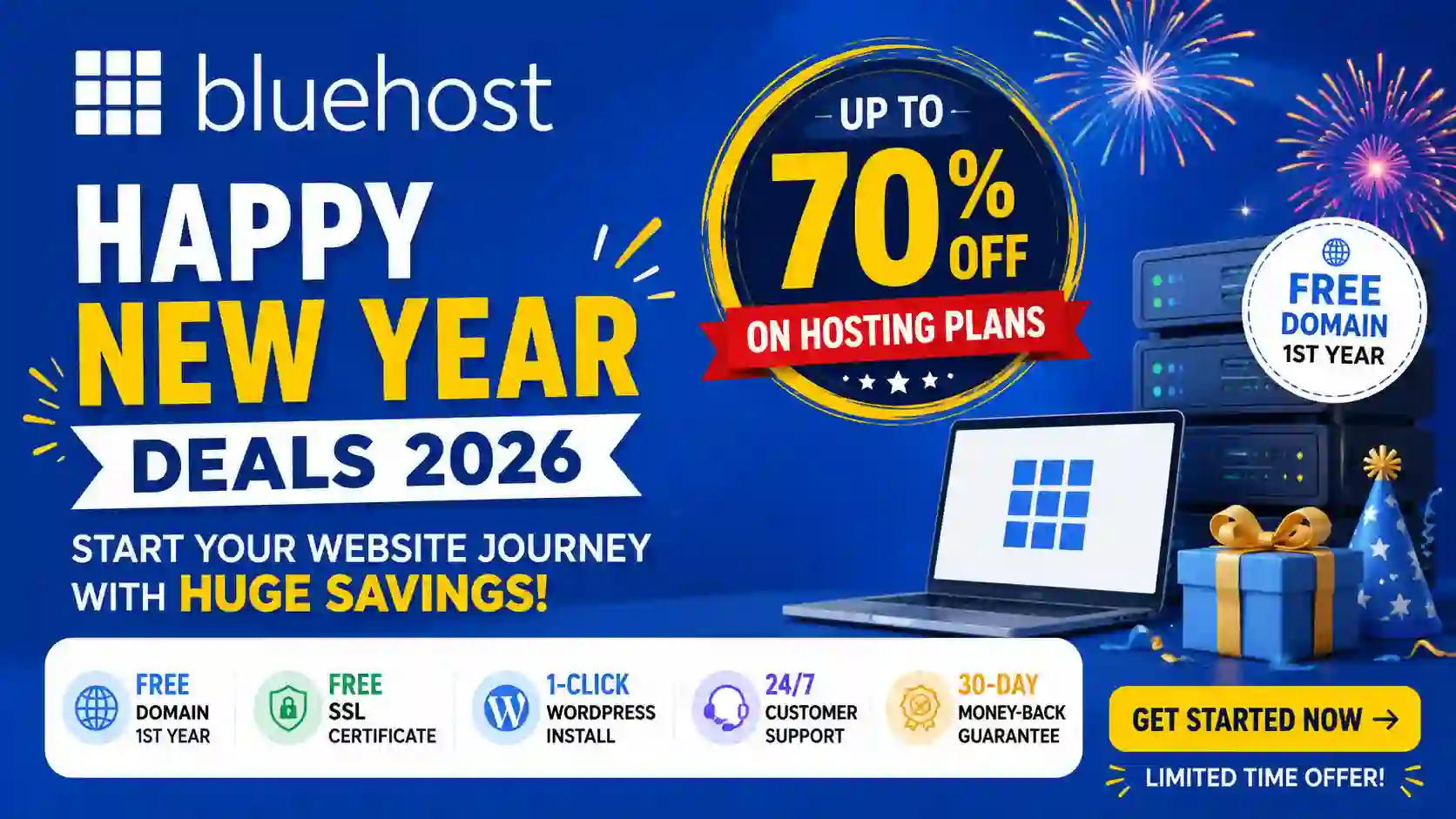 Bluehost Happy New Year Deals 2026: Get Up to 78% OFF Hosting Plans + Free Domain