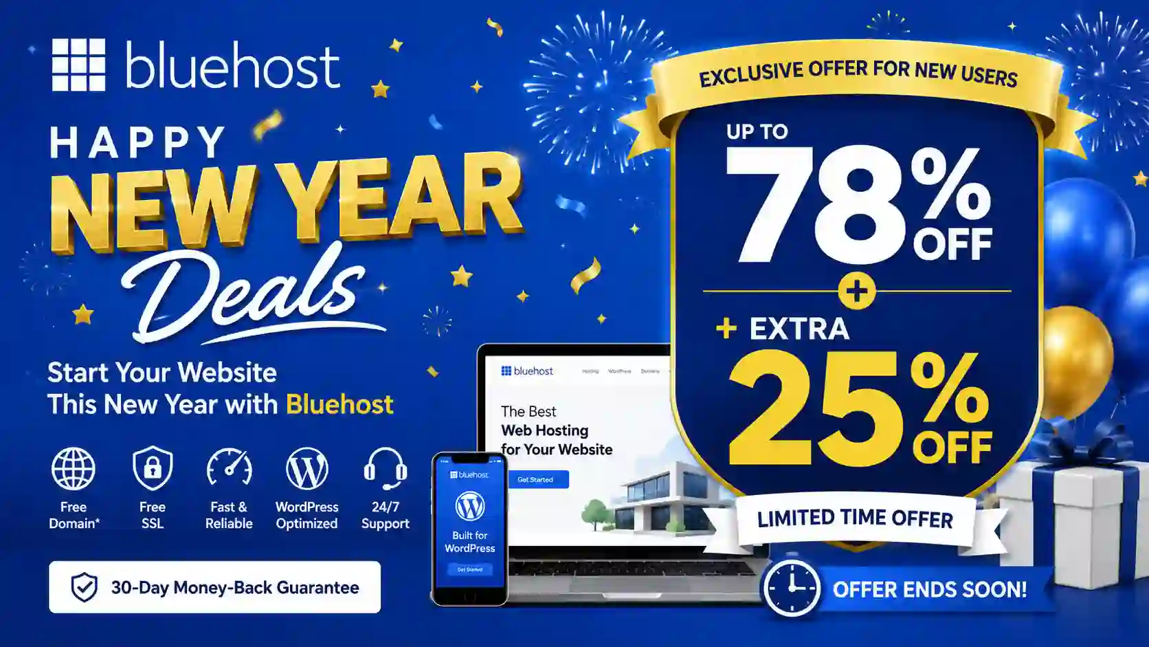 Bluehost Happy New Year Deals: Get 78% Off + Extra 25% Off