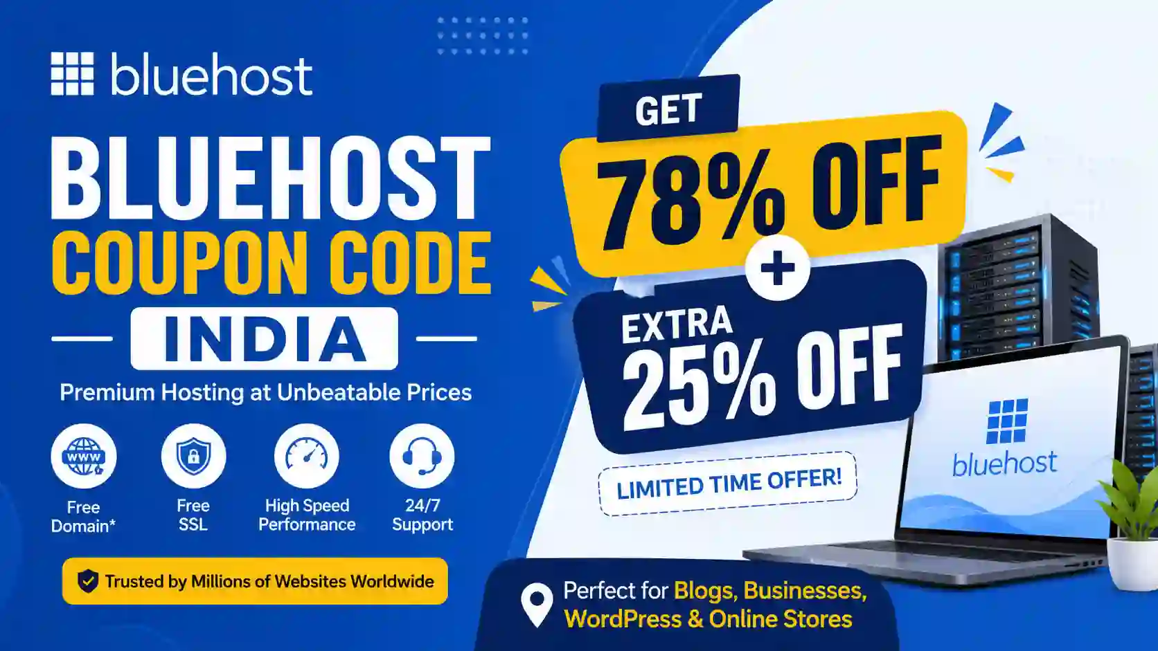 Bluehost Coupon Code India: Get 78% Off + Extra 25% Off
