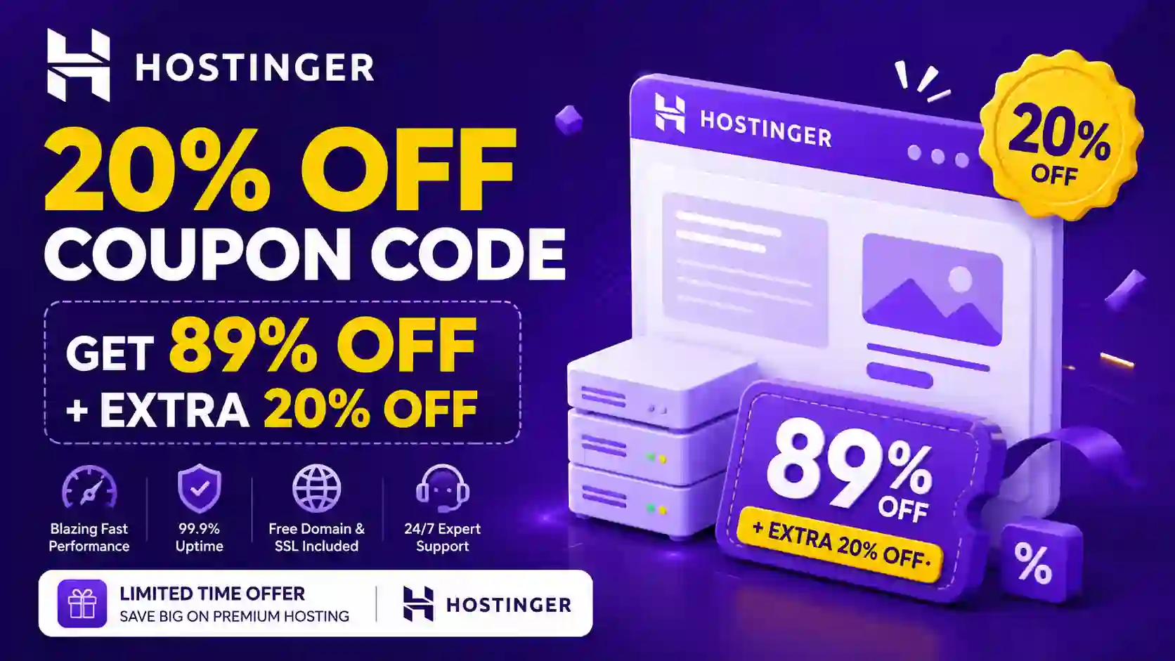 Hostinger 20% Off Coupon Code: Get 89% Off + Extra 20% Off
