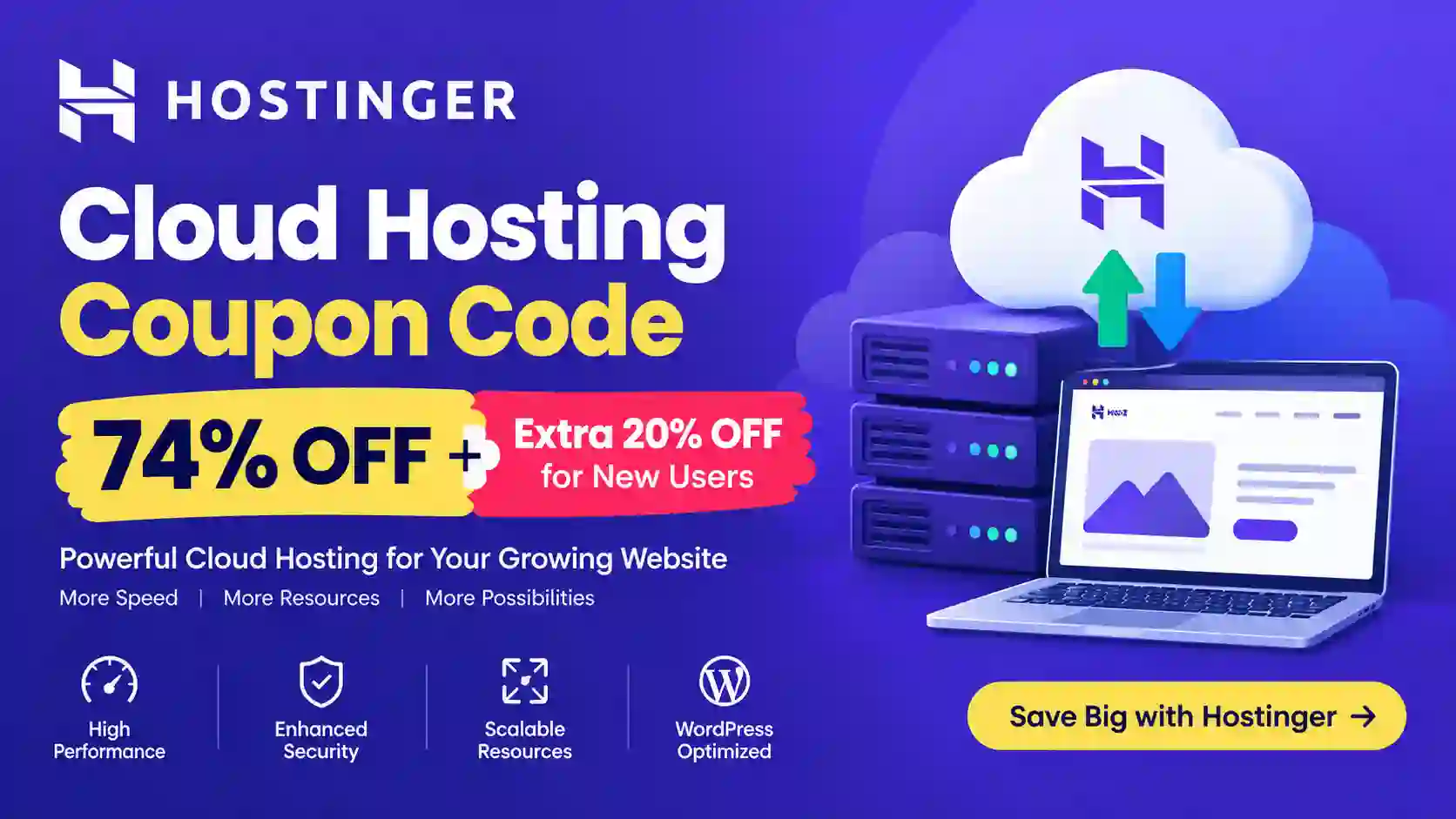 Hostinger Cloud Hosting Coupon Code: 74% Off + Extra 20% Off