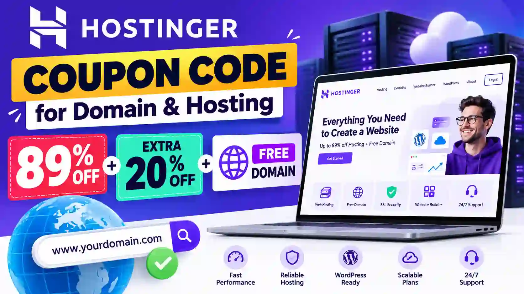 Hostinger Coupon Code for Domain and Hosting: 89% Off + Extra 20% Off + Free Domain