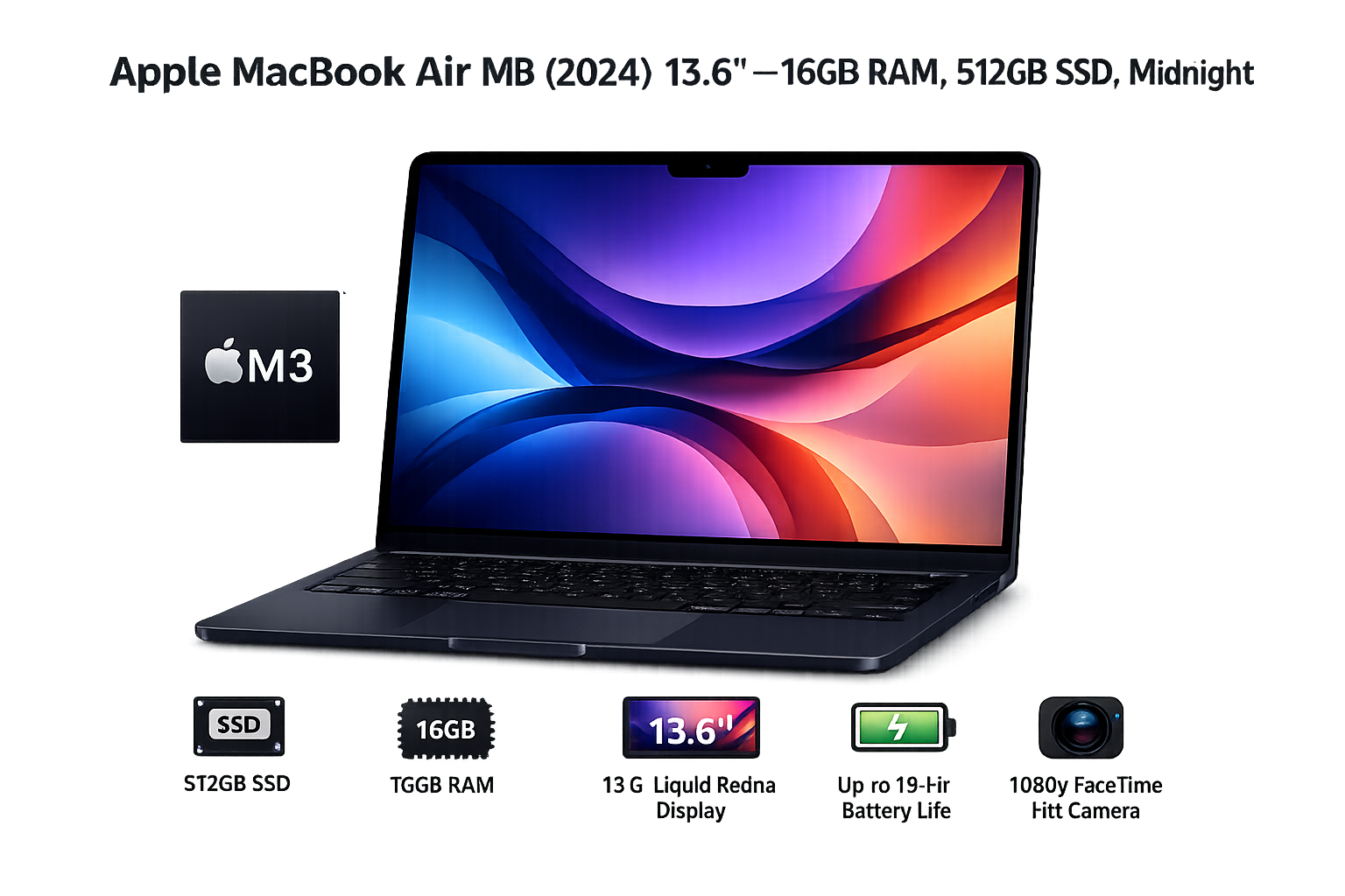 Apple MacBook Air M3 (2024) 13.6-inch – 16GB RAM, 512GB SSD, Liquid Retina Display, Midnight