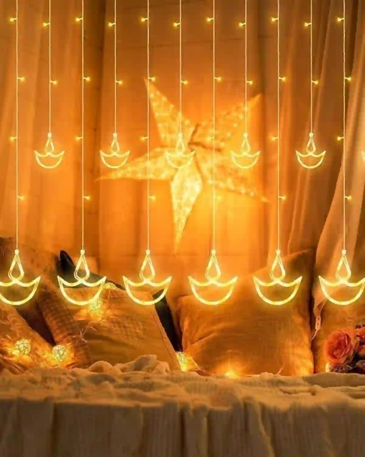 Homesake 12 Diya Curtain LED String Lights – Warm White Plug-In Fairy Lights with 8 Modes for Diwali, Pooja Room &amp; Home Decoration